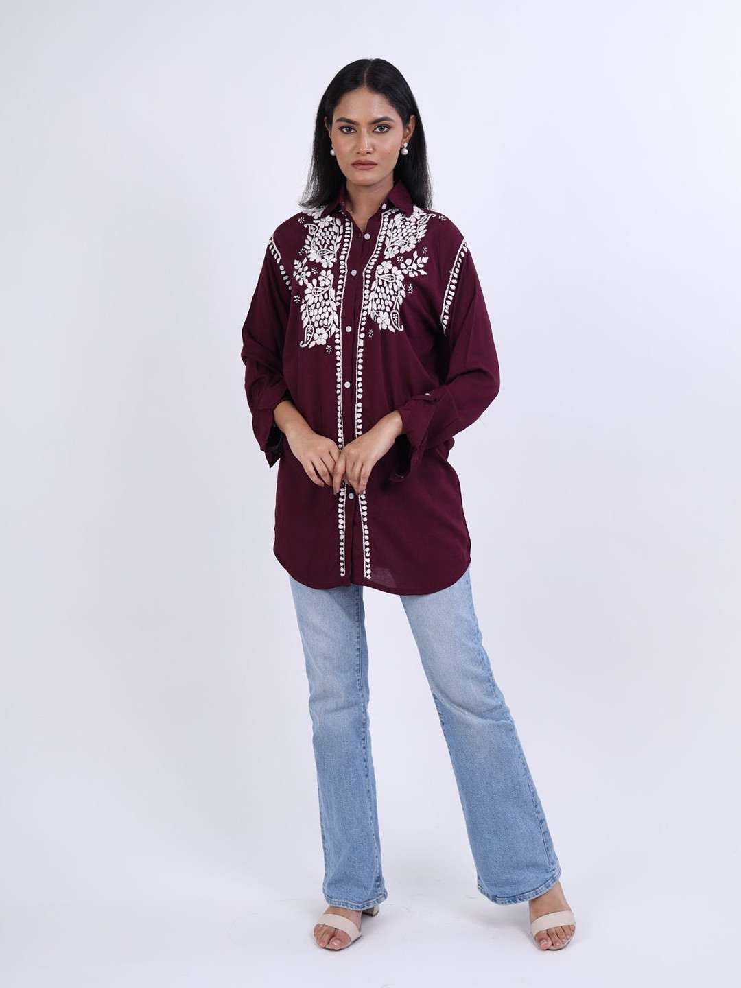 RIVAZ THREADS AND CO Embroidered Shirt Collar Straight Tunics