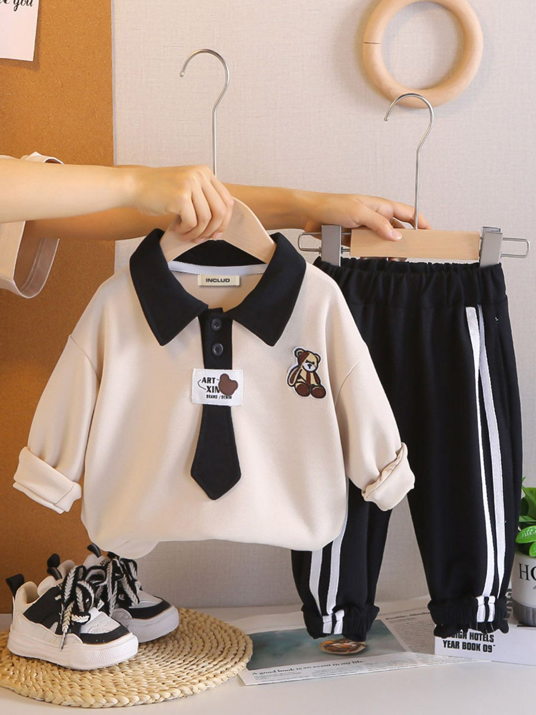 INCLUD Boys Beige Polo Collar Sweatshirt With Joggers