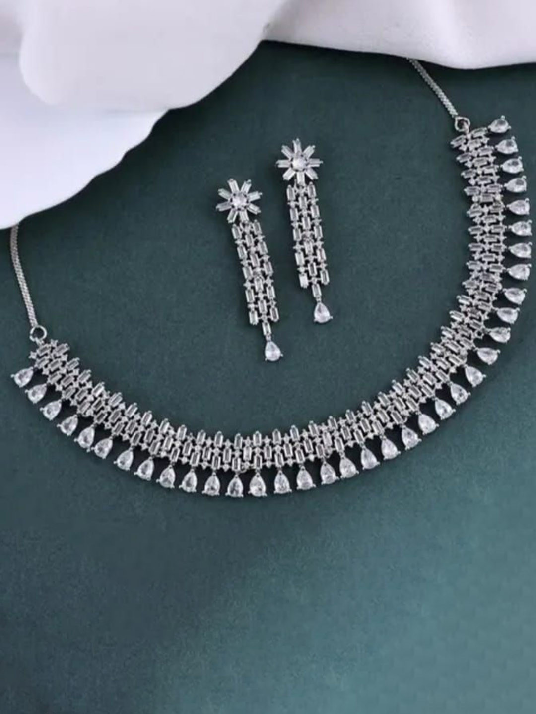 Nakoda Art Jewellery Silver Rhodium-Plated Artificial Stones Studded Necklace And Earrings