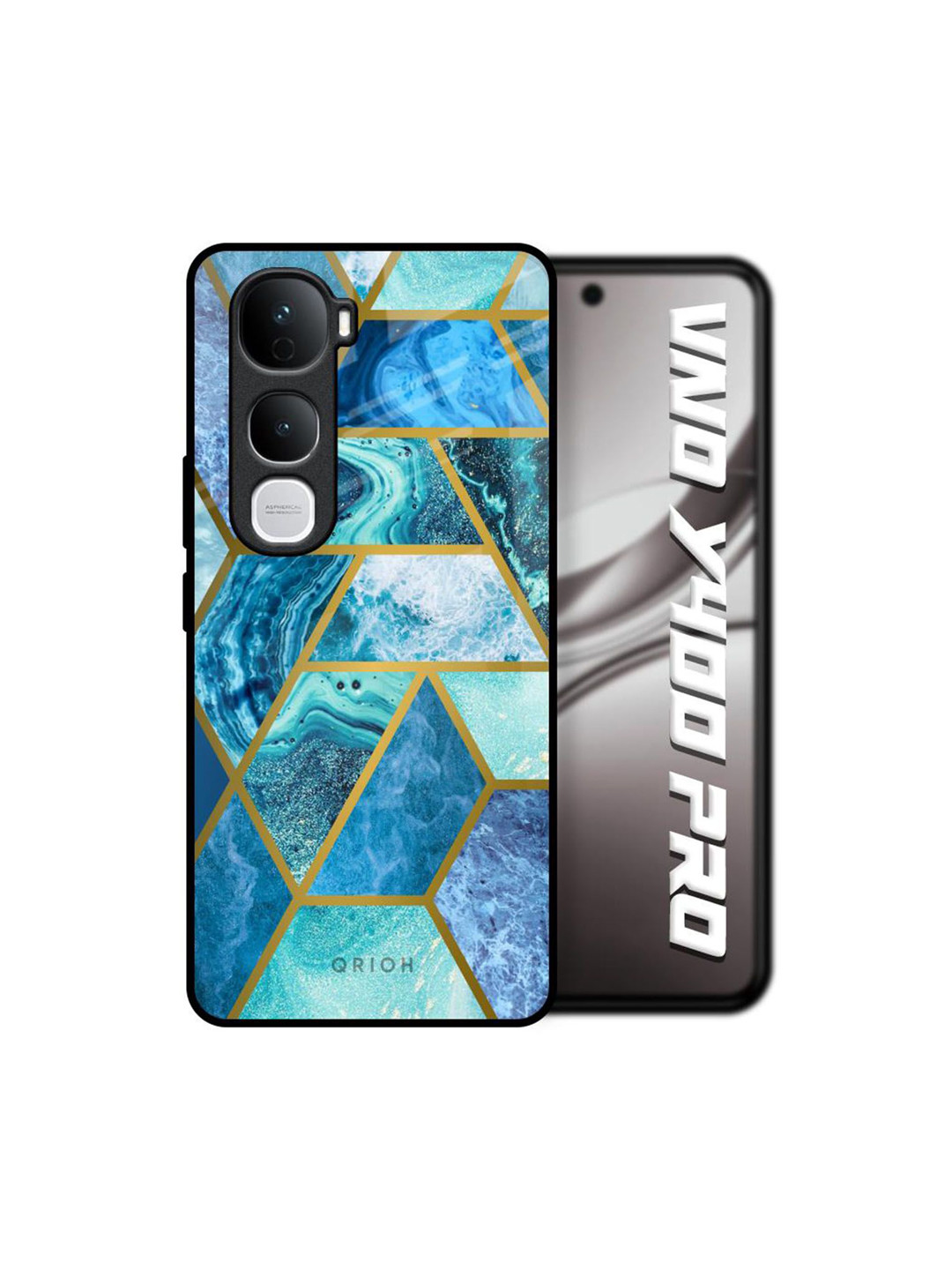 QRIOH Unisex Vivo Y400 Pro 5G Geometrical Marble Shockproof Real Glass Back Case