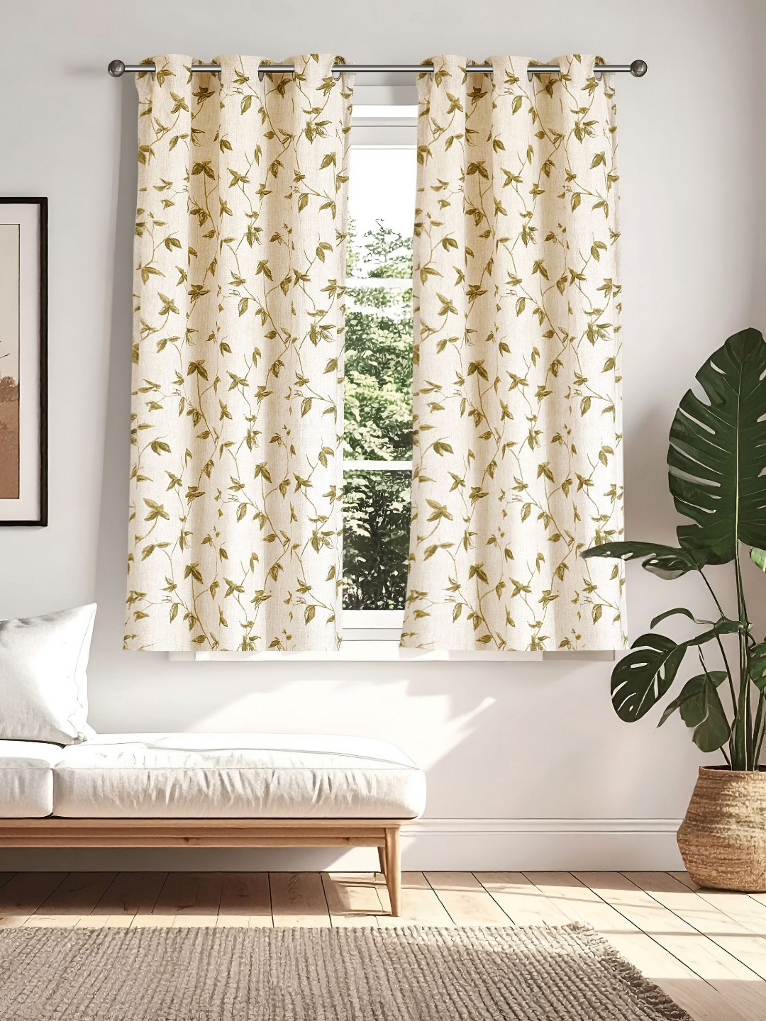 Home Centre Mellow Green & Cream 2 Pieces Floral Printed Window Curtains