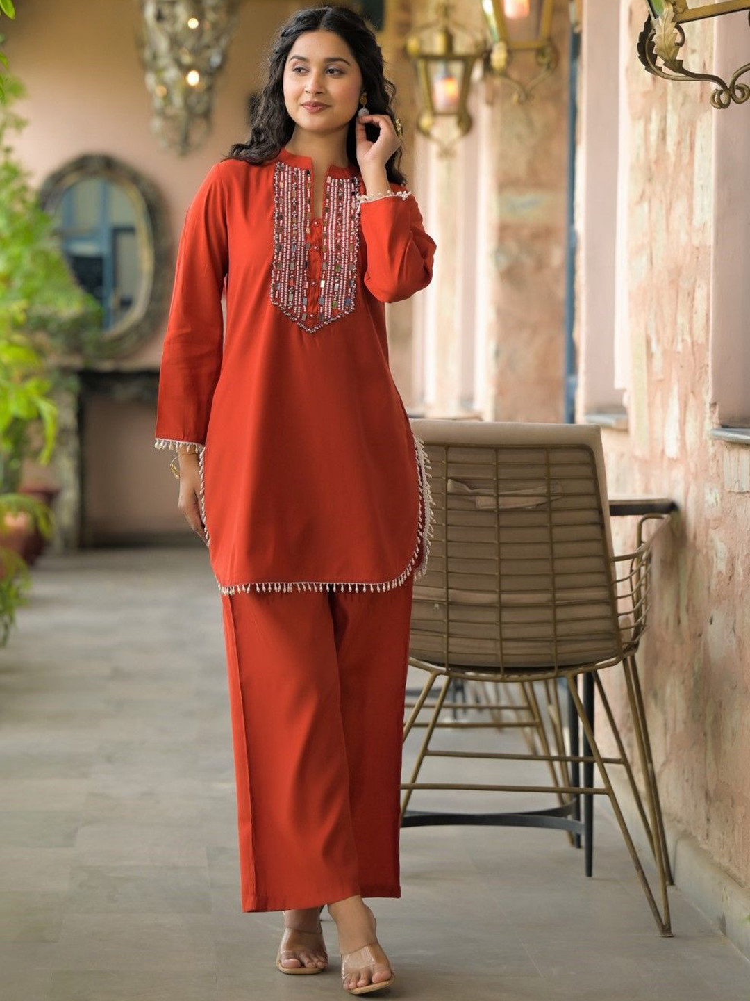 AUTUMN LANE Bali Apricot Work Mandarin Collar Pure Cotton Tunic With Trousers Co-Ords