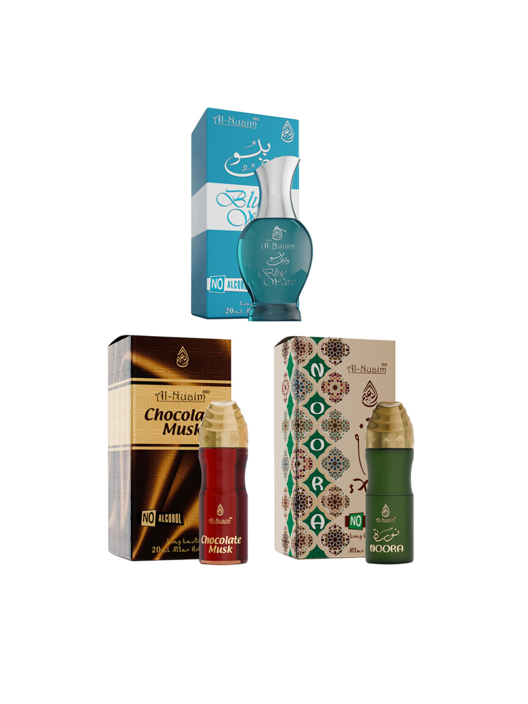 Al-Nuaim Set Of 3 Alcohol Free Attar 20ml Each - Chocolate Musk, Noora & Blue Wave