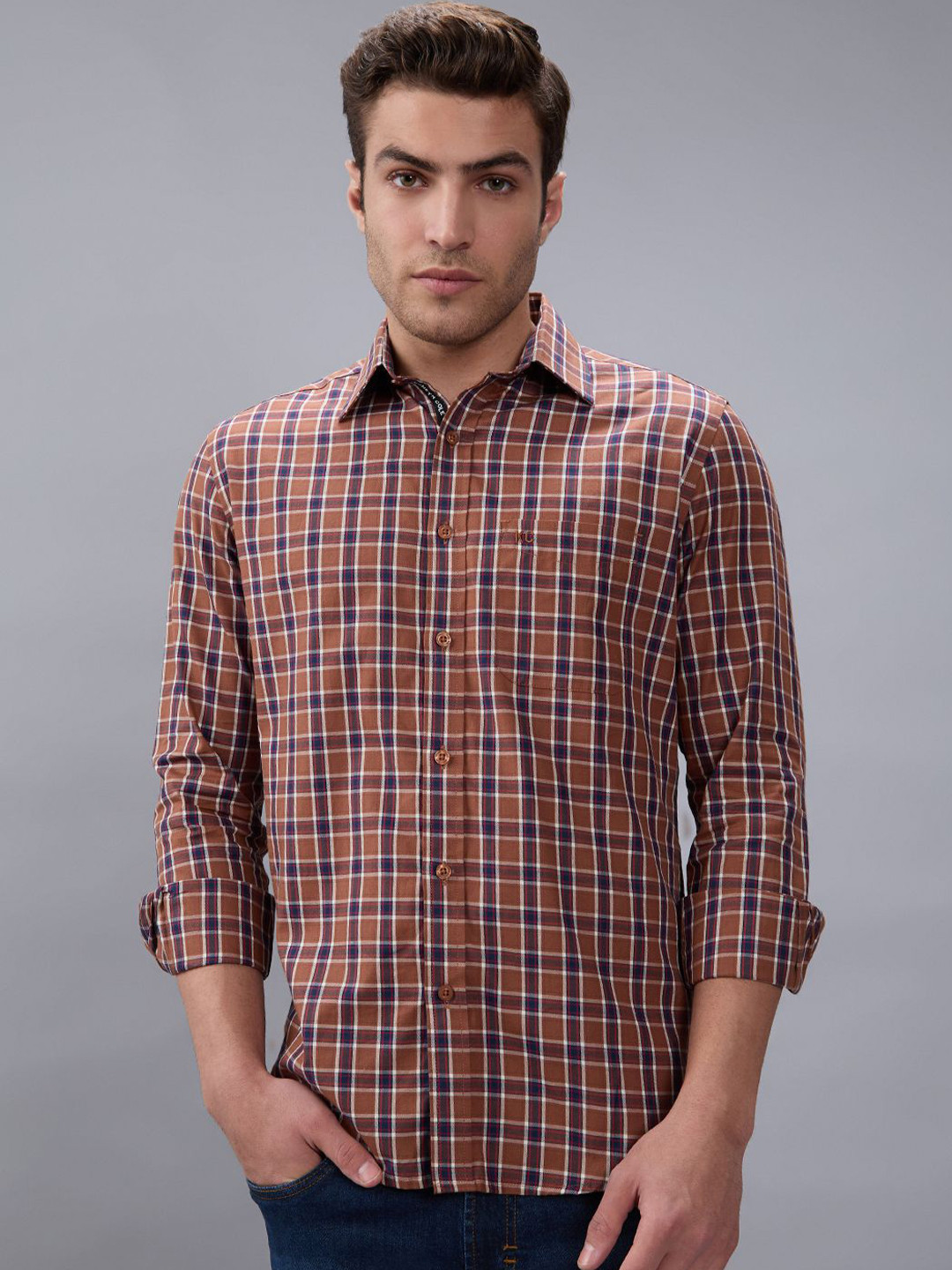 Kenneth Cole Men Checked Spread Collar Pure Cotton Casual Shirt