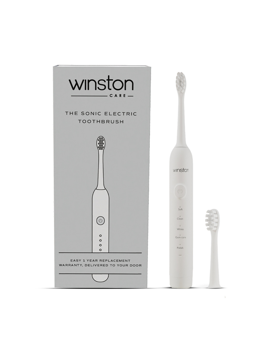 WINSTON Sonic Electric Toothbrush with Soft Charcoal Bristles & 2 Cleaning Modes - White