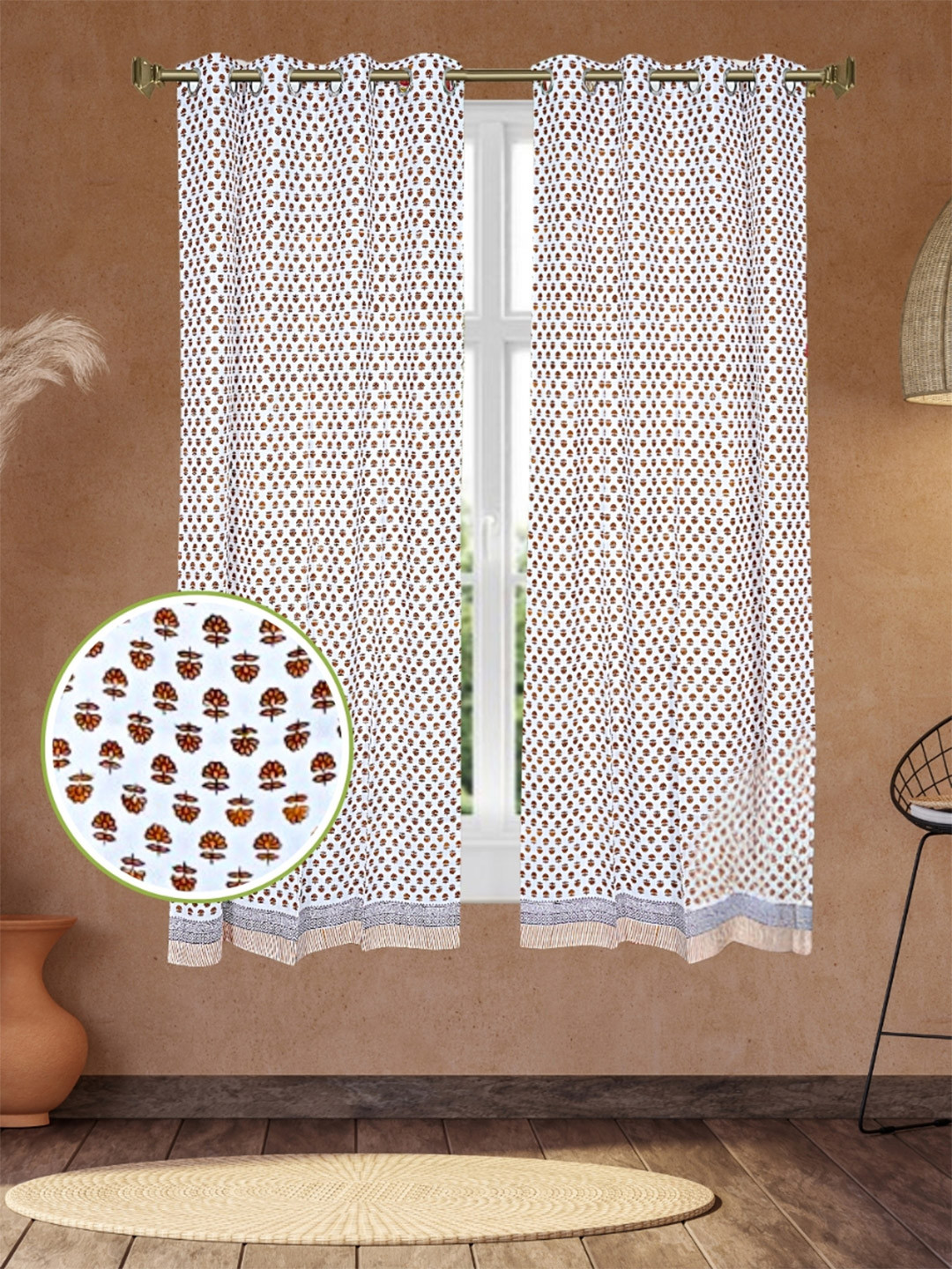 LIVING ROOTS White 2 Pieces Floral Block Printed Elegant Cotton Window Curtains