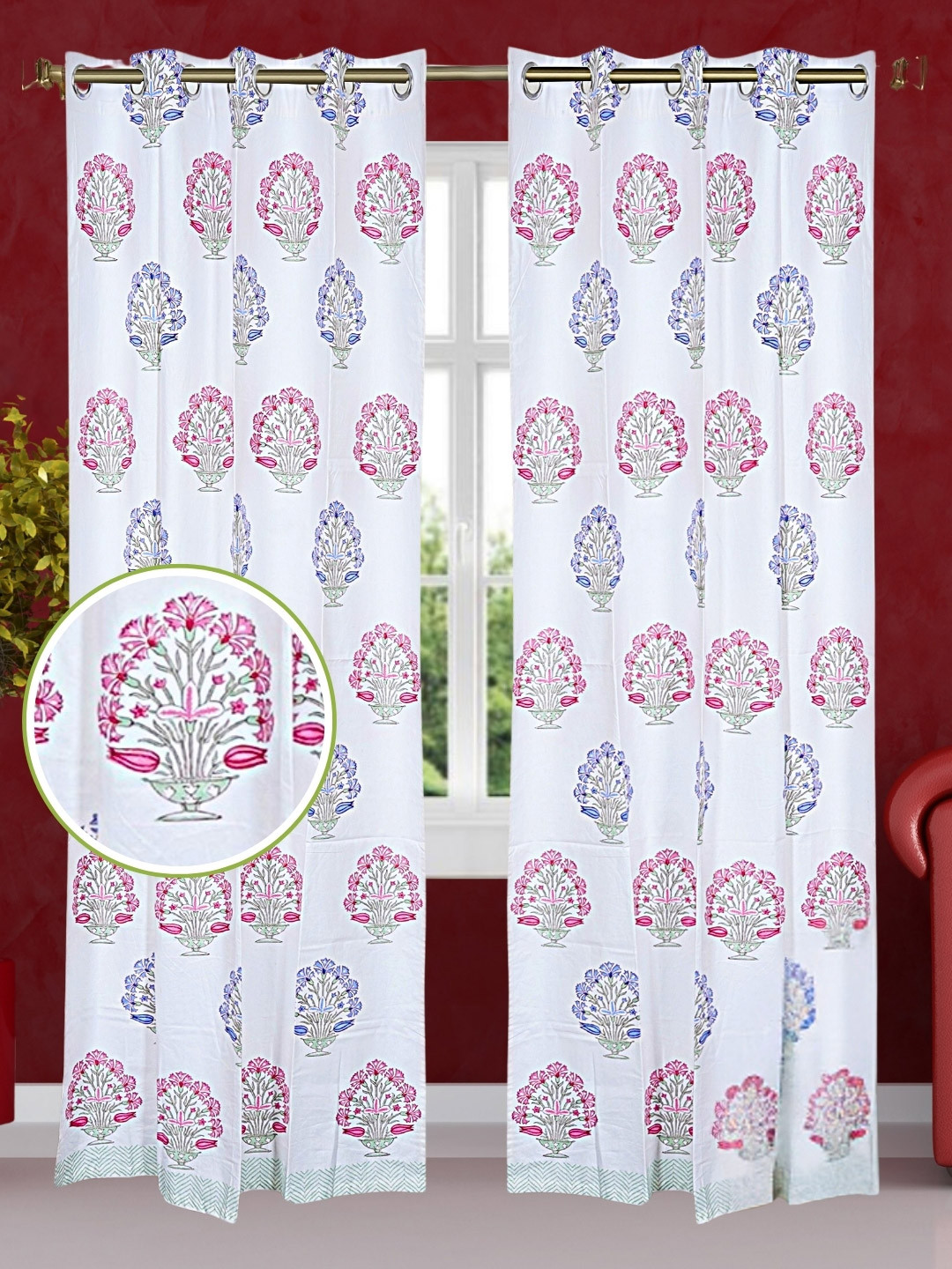 LIVING ROOTS White & Pink 2 Pieces Floral Block Printed Elegant Cotton Door Curtains
