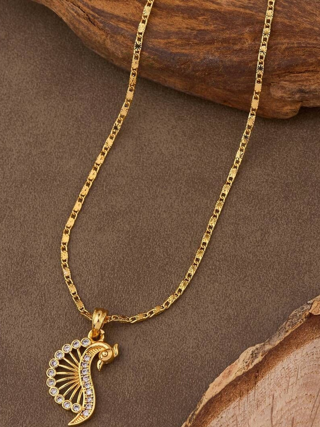 NKR GOLD Brass Gold-Plated Royal Peacock Sparkle Necklace Pendant