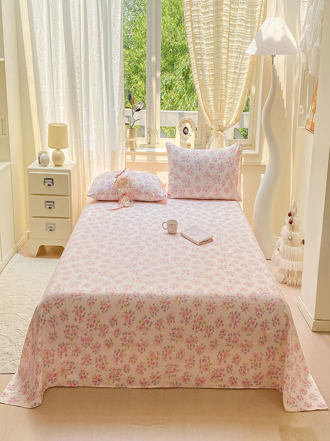 JC HOME Pink Floral 140 TC Queen Bedsheet Set 2m x 2.3m