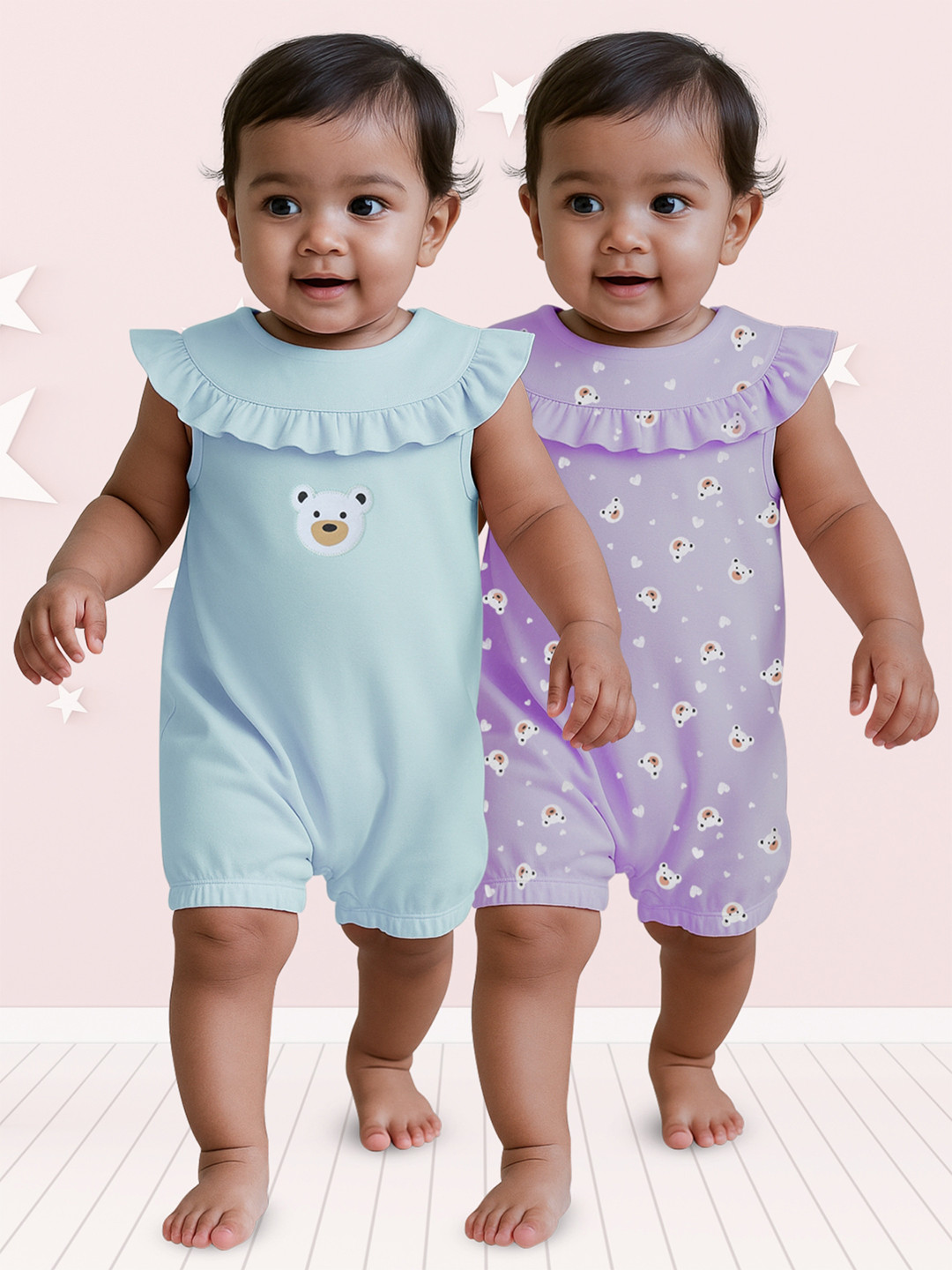 Nuego Infants Girls Pack Of 2 Animal Print Pure Cotton Rompers
