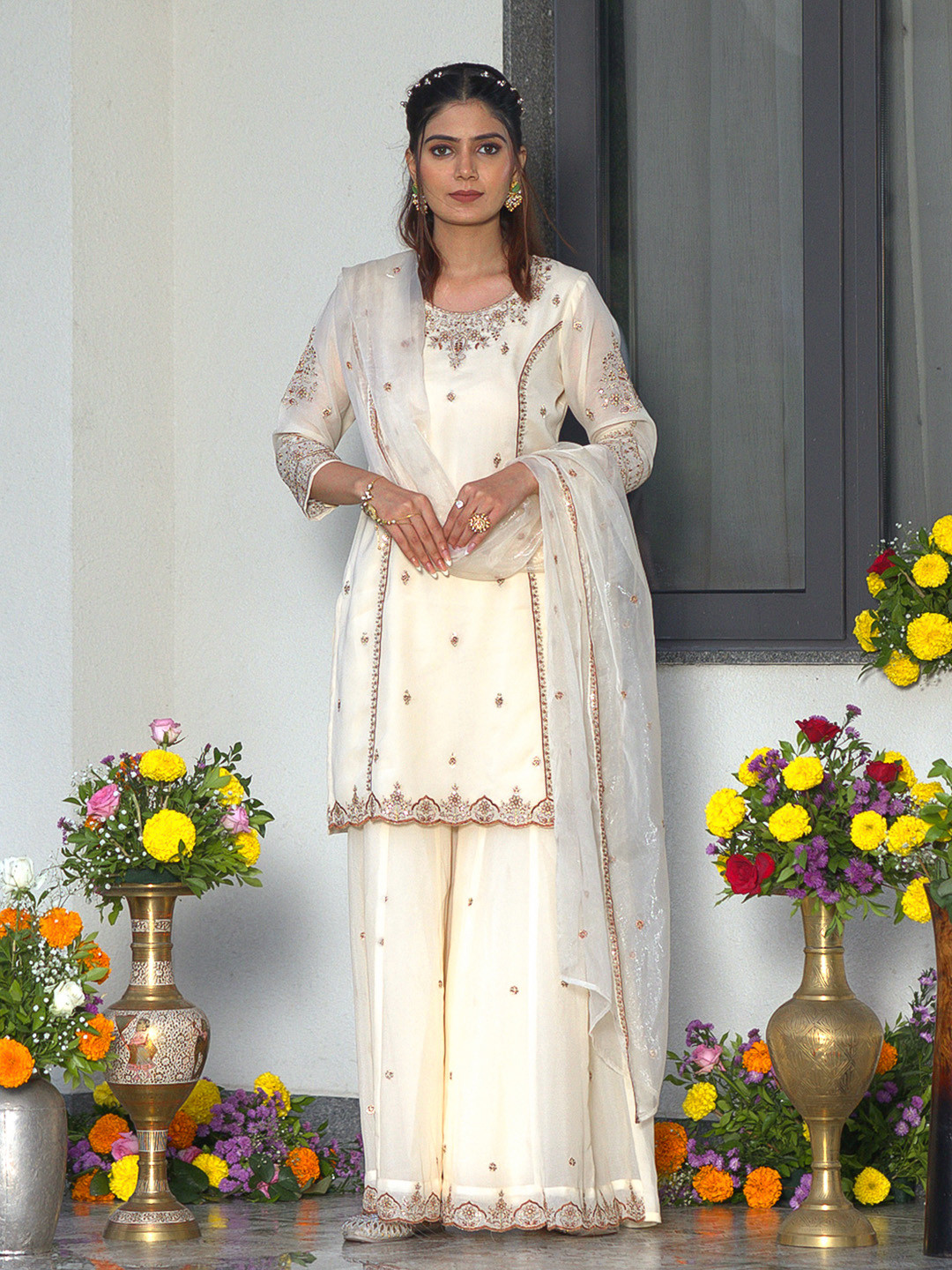CHHAAP White Georgette Embroidered Kurta Set With Sharara & Dupatta