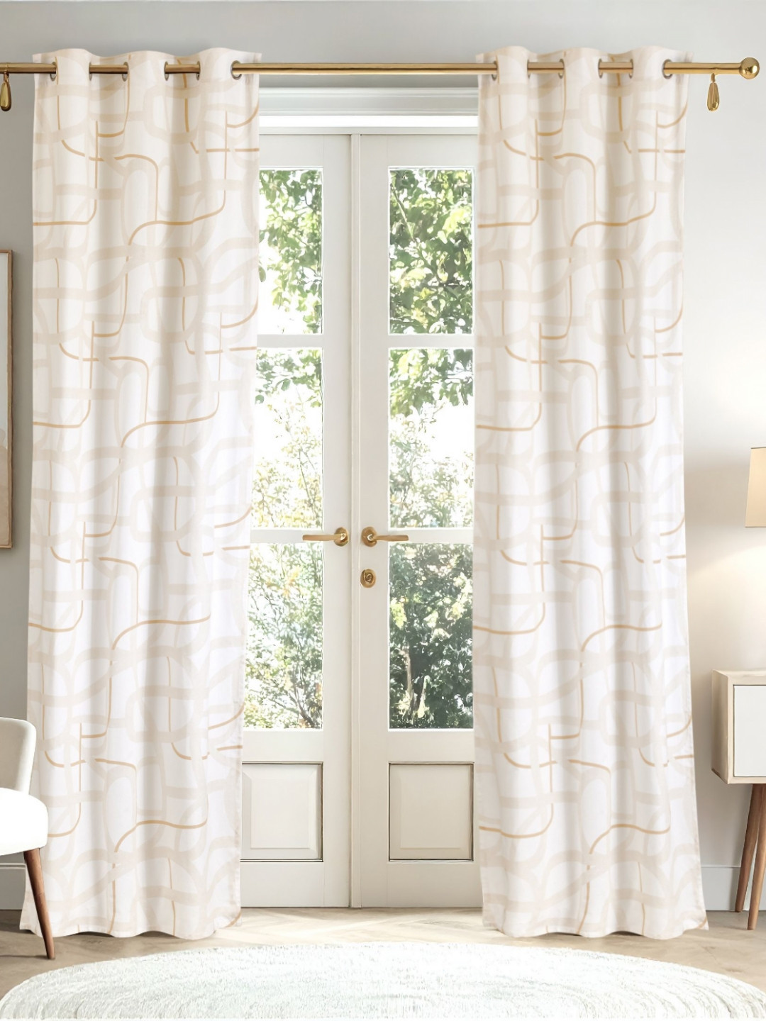 Home Centre Saddle Fedo Off White & Brown 2 Pieces Geometric Door Curtains