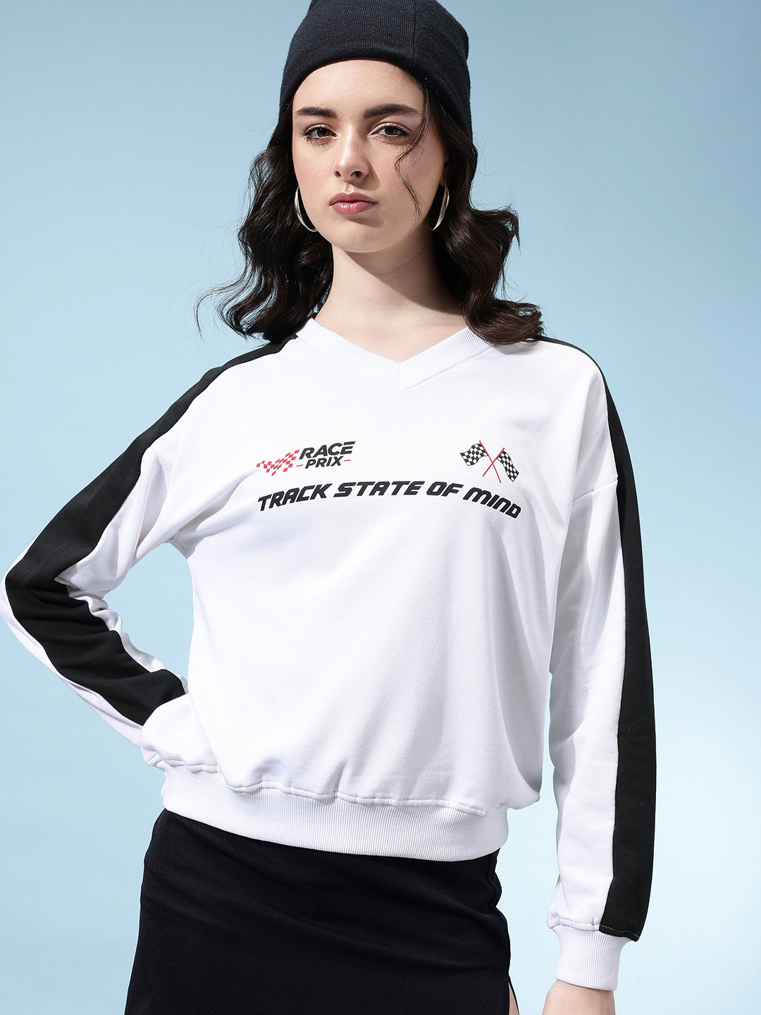 glitchez Contrast Panel Sleeves V-Neck Printed Sweatshirt