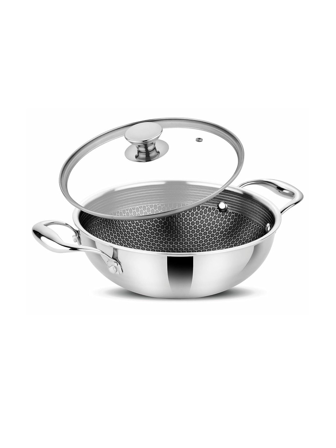 Prabha Stainless Steel Induction Base Hexa Triply Kadai with Glass Lid 2.2 Litre 22cm