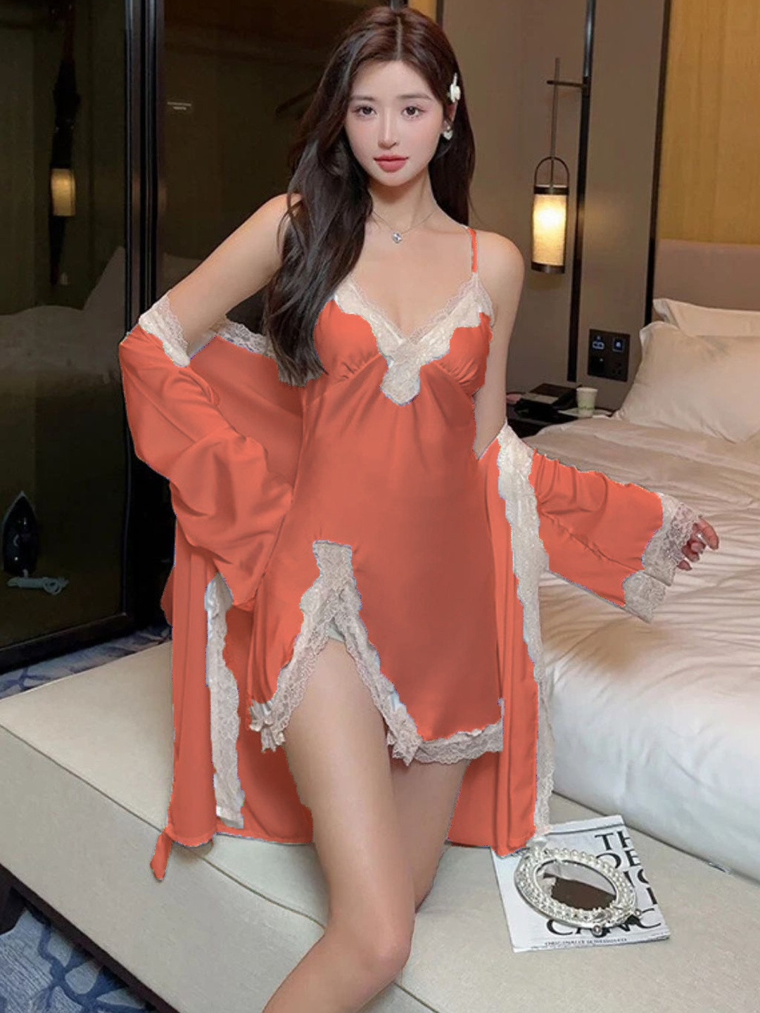 For You For Me Women Peach Satin V-Neck Tie-Ups Baby Doll