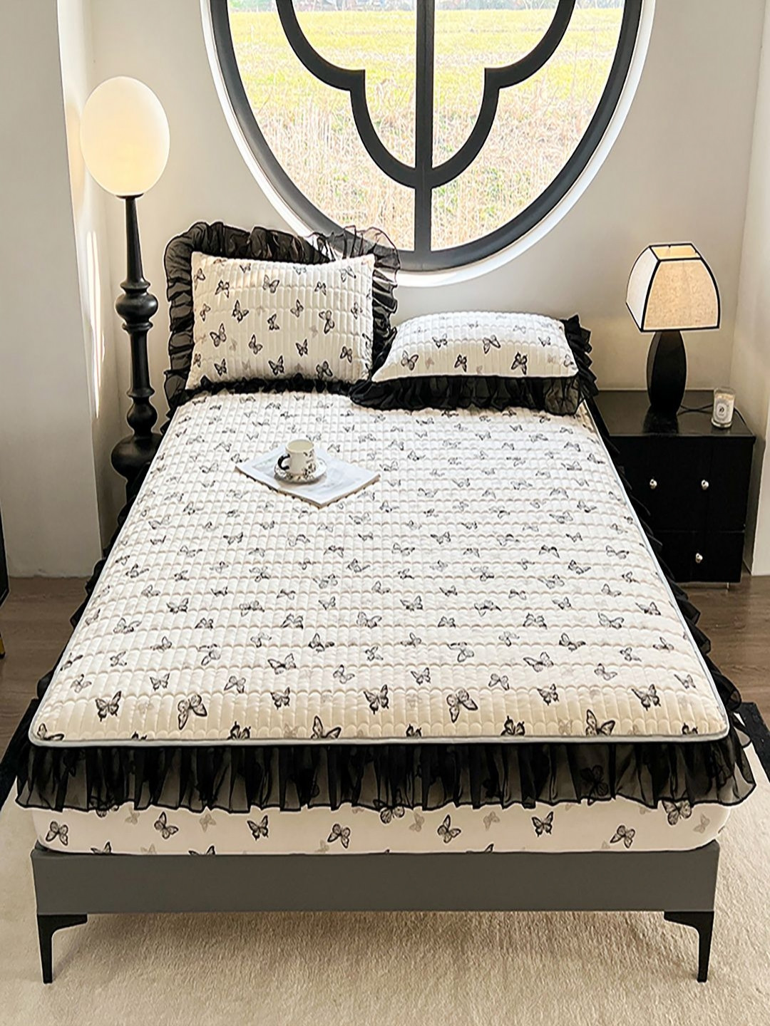 JC HOME Beige Butterfly Printed 150 TC Fitted Double King Bedsheet Set 1.80 m x 2 m