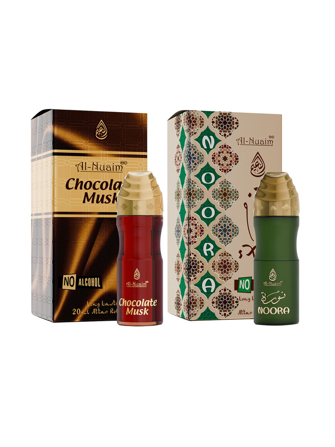 Al-Nuaim Set Of 2 Alcohol Free Roll On Attar 20ml Each - Chocolate Musk & Noora