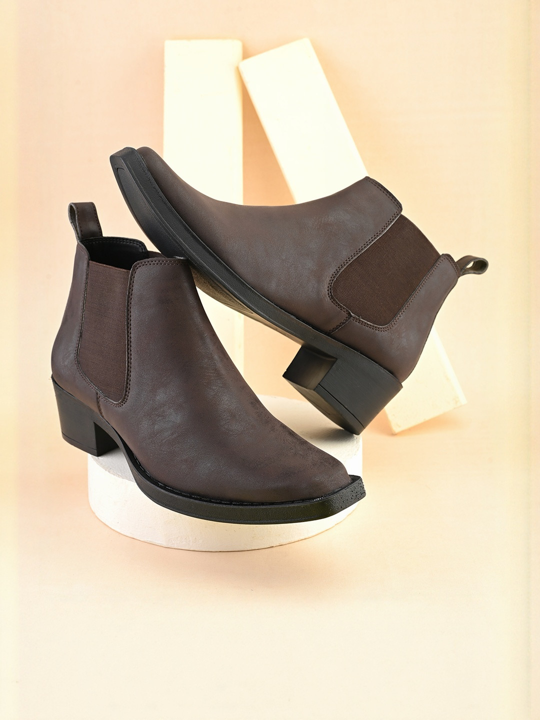 HERE&NOW Men Solid Brown High Heel Slip-On Chelsea Boots