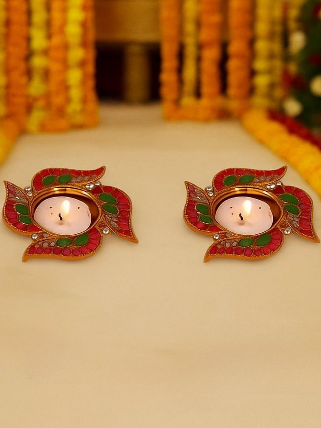 Tiny Shiny Set Of 2 Gold Toned Embellished Diya Candle Holder