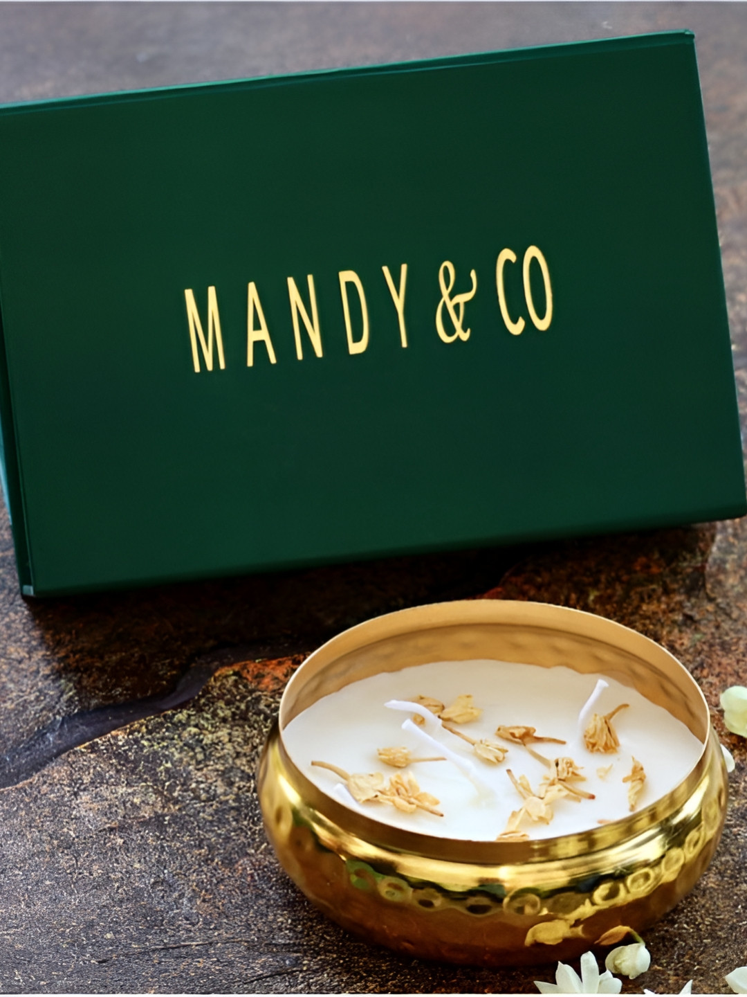 Mandy & Co White & Gold-Toned Urli Jasmine Scented Soy Candle - 10 inches