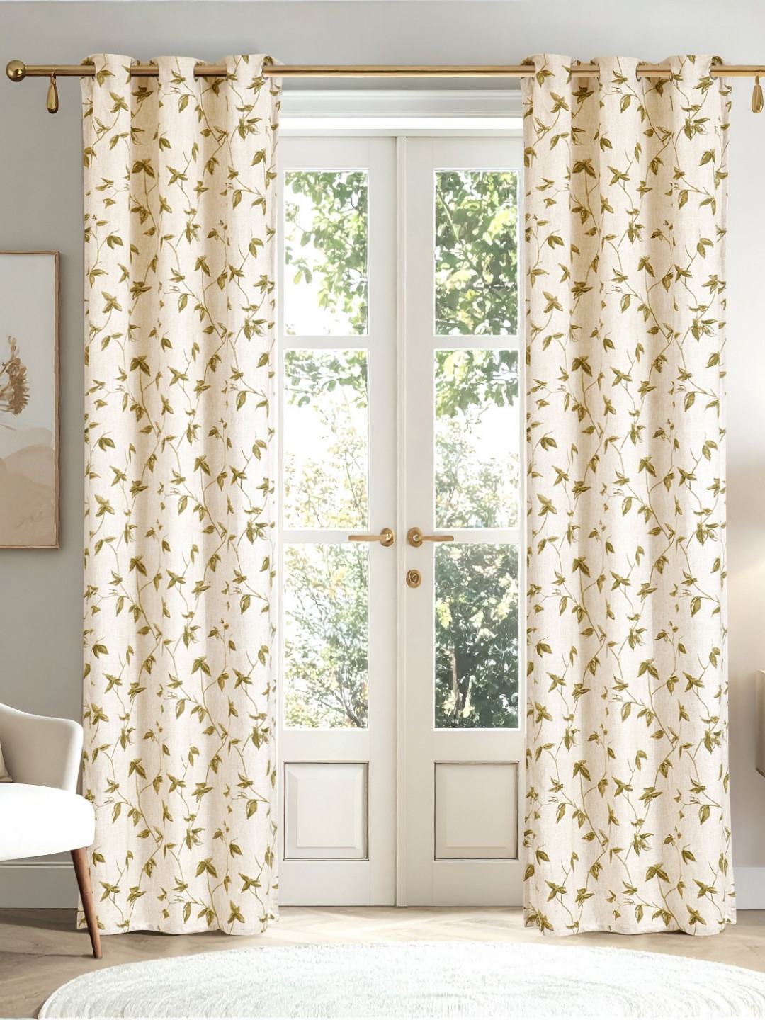 Home Centre Mellow Zima Cream-Coloured & Green Floral Printed Room Darkening Door Curtain