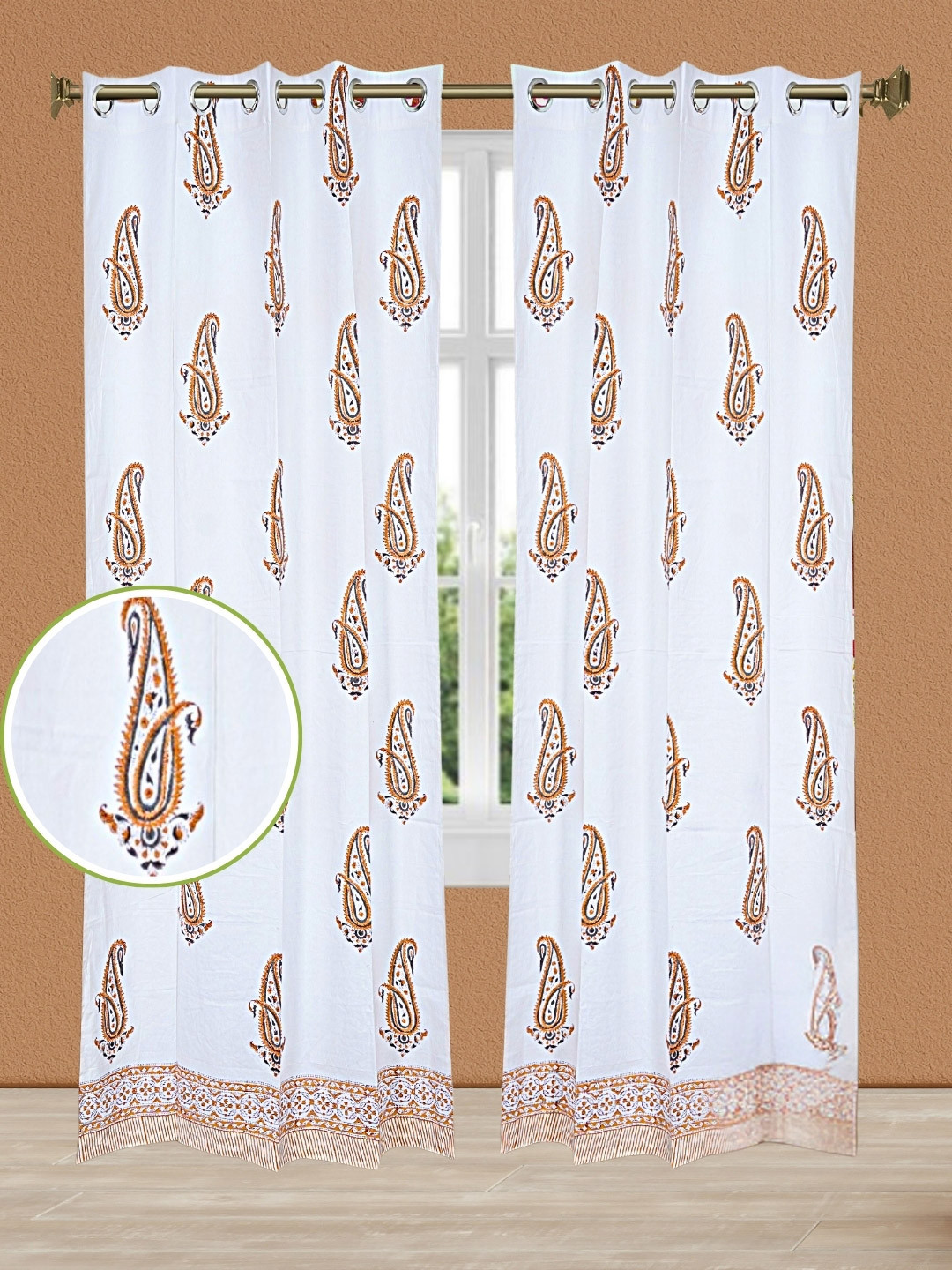 LIVING ROOTS White 2 Pcs Ethnic Motifs Block Printed Elegant Cotton Daylight Door Curtains
