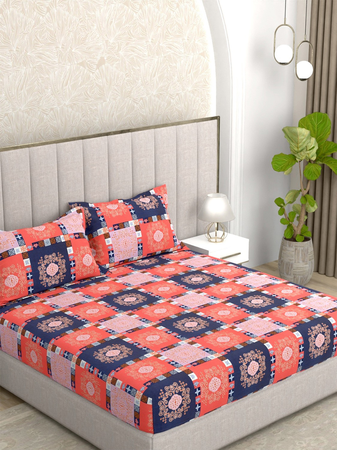 Pure Decor Pink Ethnic Motifs Cotton 250 TC Queen Fine Bedsheet with 2 Pillow Covers-228 x 254 cm