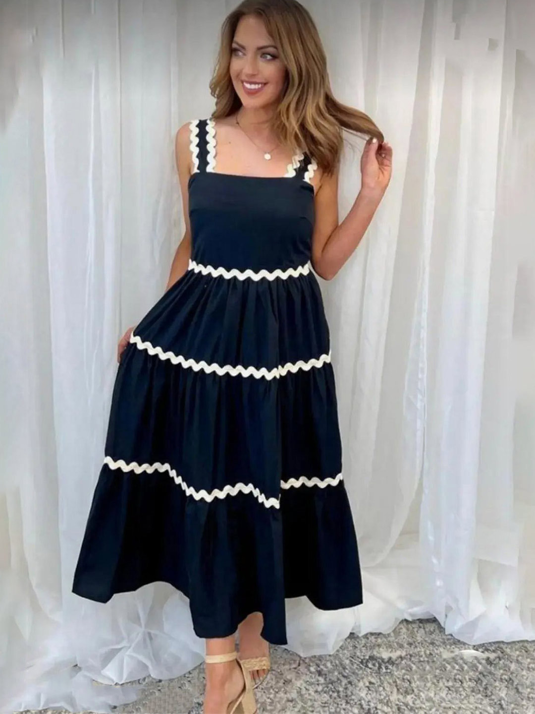 PTVIZE Square Neck Fit and Flare Tiered Dress
