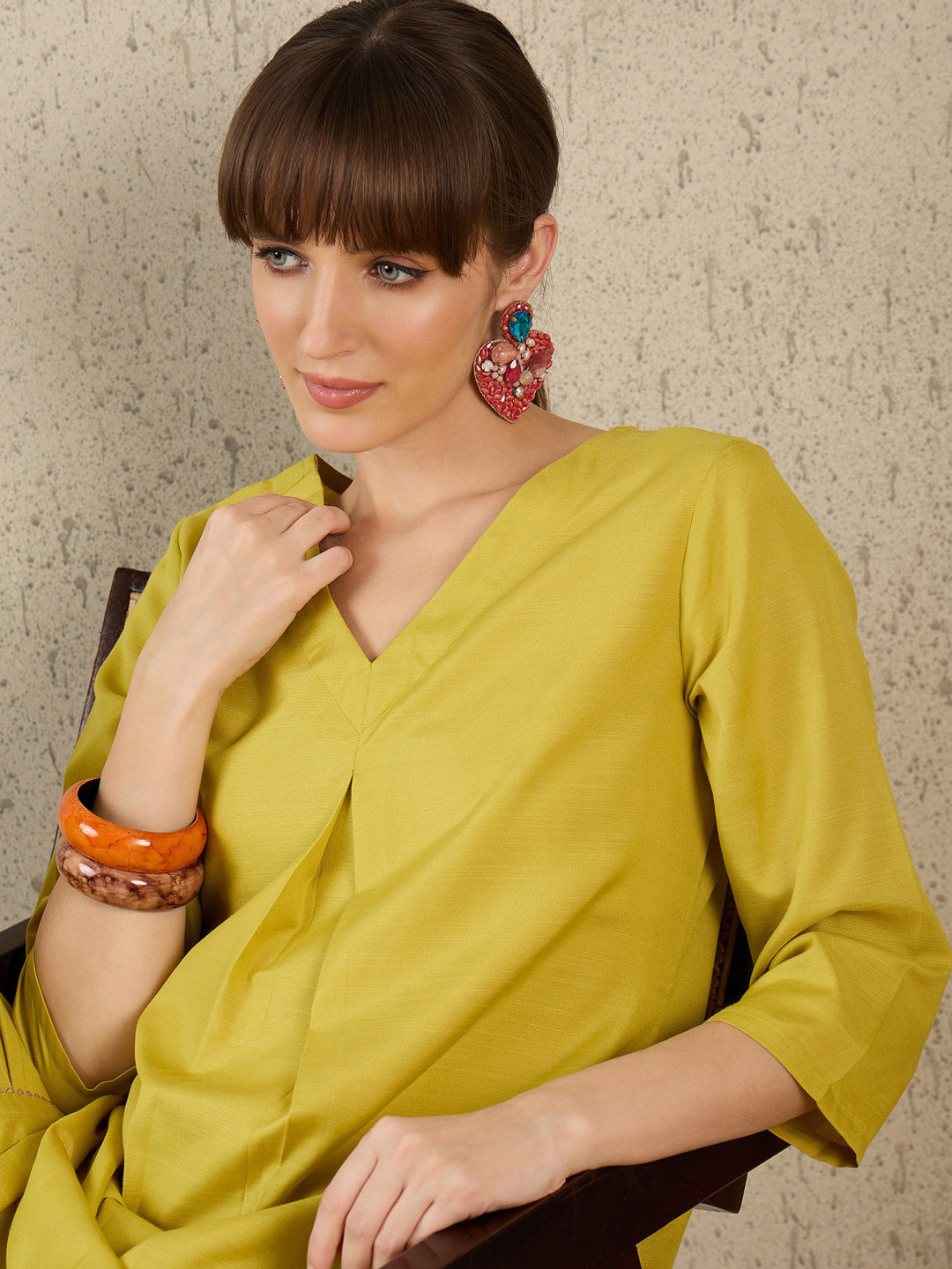 Indo Era Women Solid V-Neck Top and Trousers Co-Ords