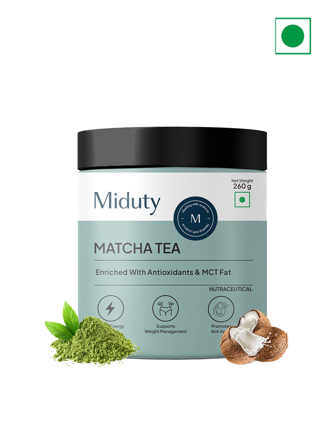 MIDUTY Unisex Matcha Tea Enriched With Antioxidants & MCT Fat - 250 g