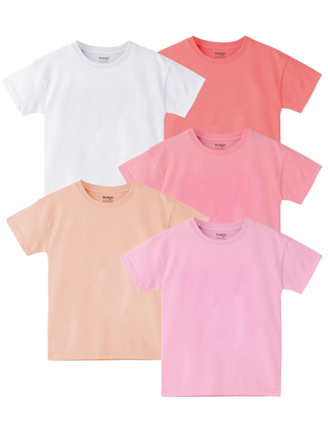 Nuego Kids Girls Pack Of 5 Solid Bio Finish Round Neck Half Sleeve Cotton T-shirts