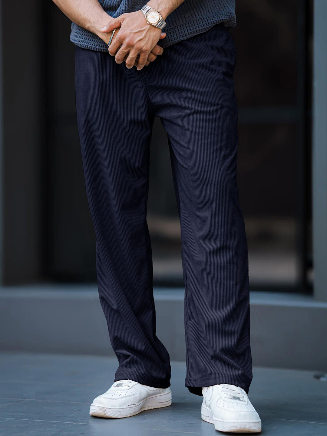 MaverIQ Men Textured Mid-Rise Flexi Waist Trousers