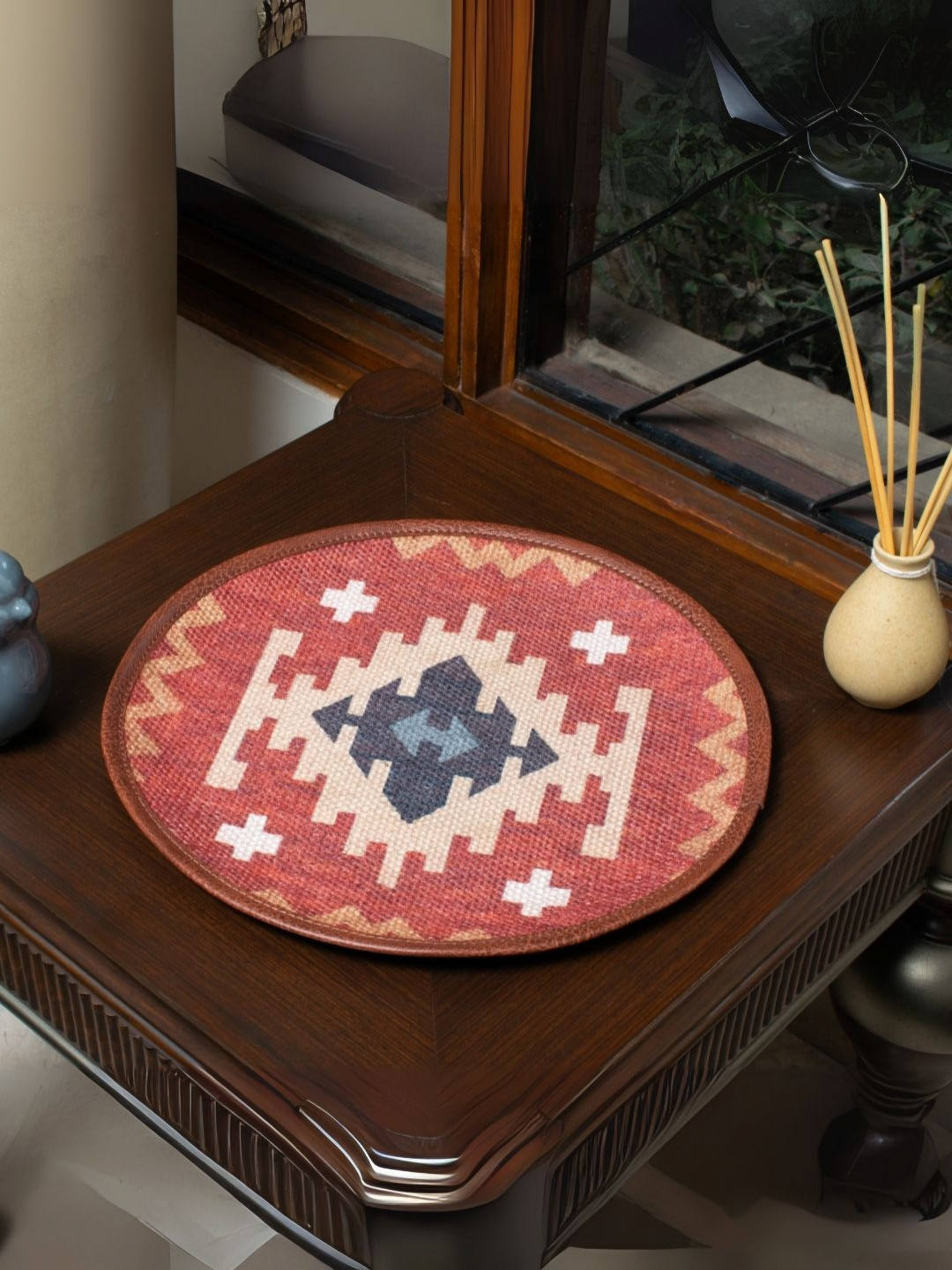 Mona B Red & Beige Printed Round Shaped Table Placemats