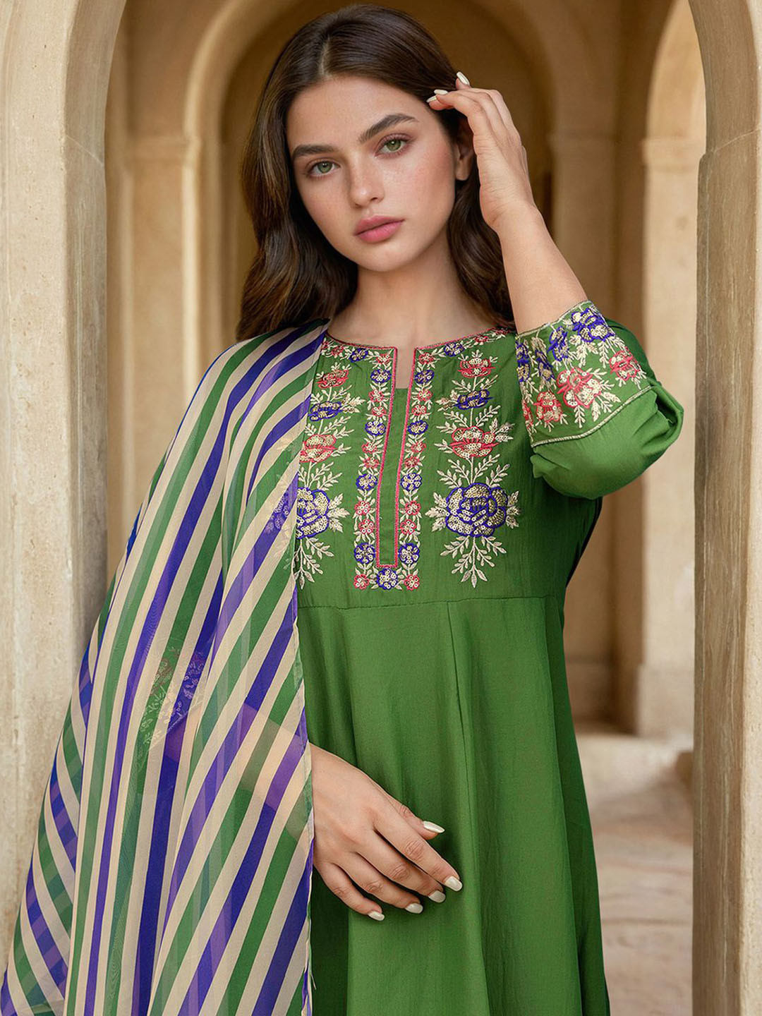 SANISA Women Ethnic Motifs Embroidered A-Line Kurta with Trouser & Dupatta