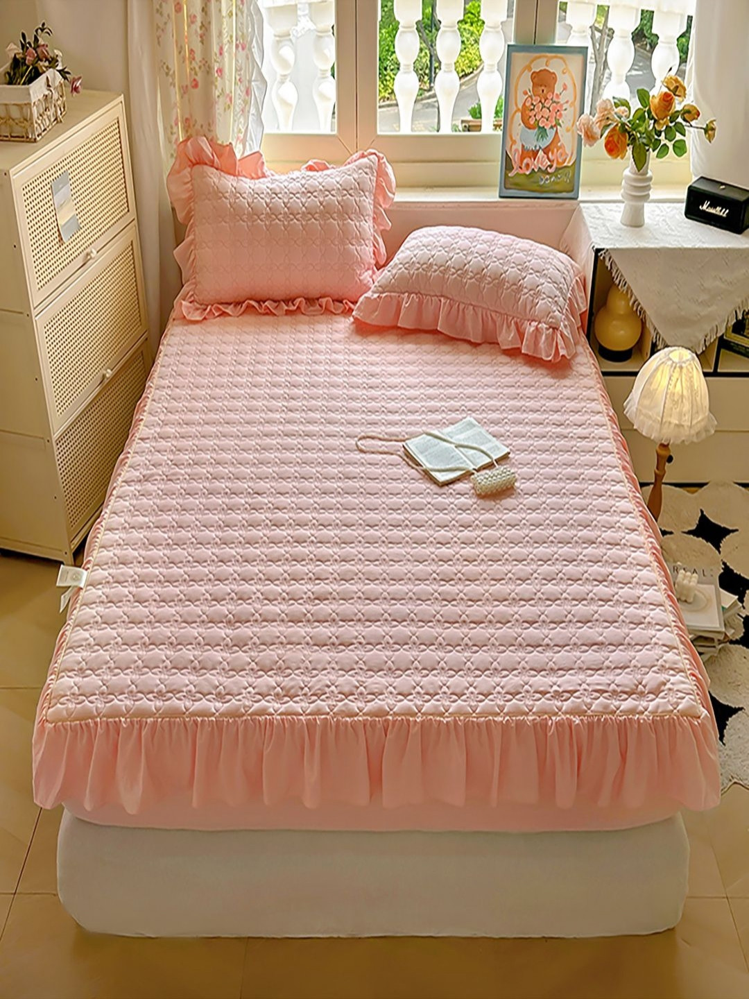 JC HOME Pink Textured 160 TC Fitted Super King Bedsheet Set-2 m x 2.20 m