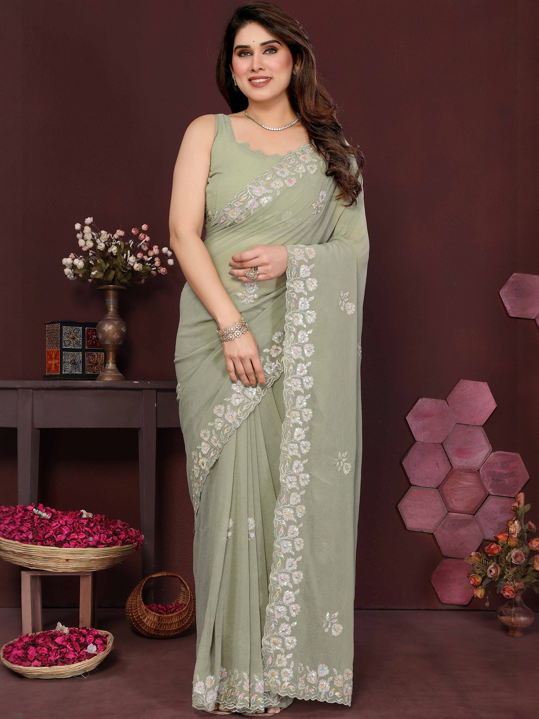 Pista Green Floral Sequin Embroidery Georgette Saree with Unstitched Blouse Piece