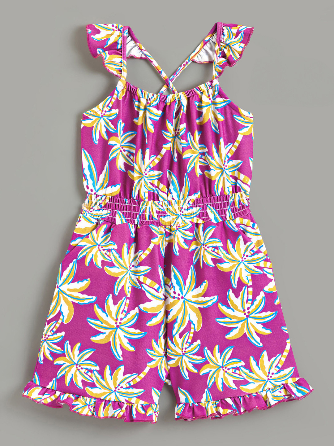 Hopscotch Girls Purple Floral Printed Shirred Waist & Ruffled Sleeves Polyester Jumpsuit