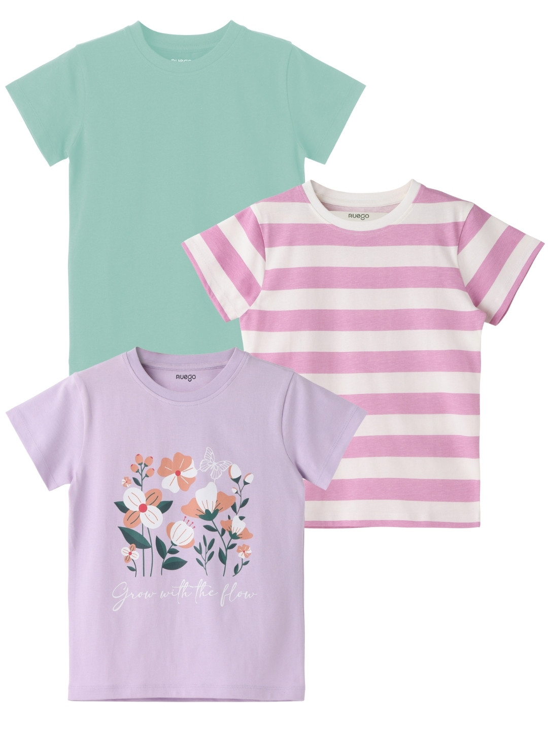 Nuego Girls Pack Of 3 Stripe Print Bio Finish Round Neck Half Sleeve Cotton T-shirts