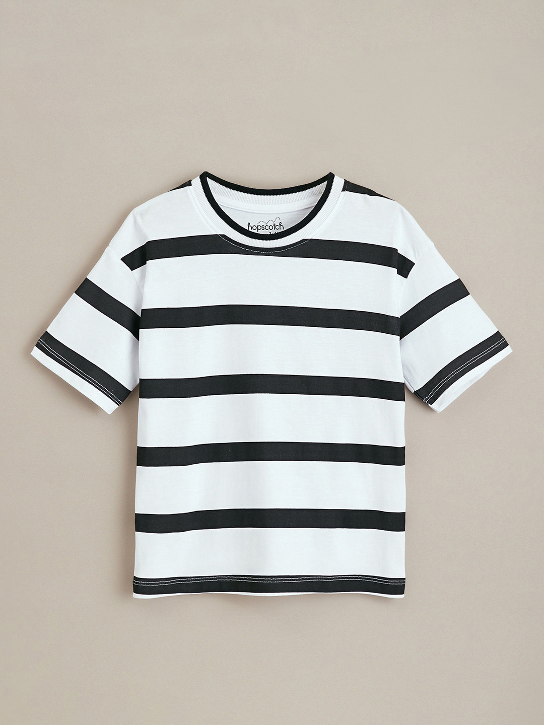 Hopscotch Boys Cotton Round Neck Striped T-shirt