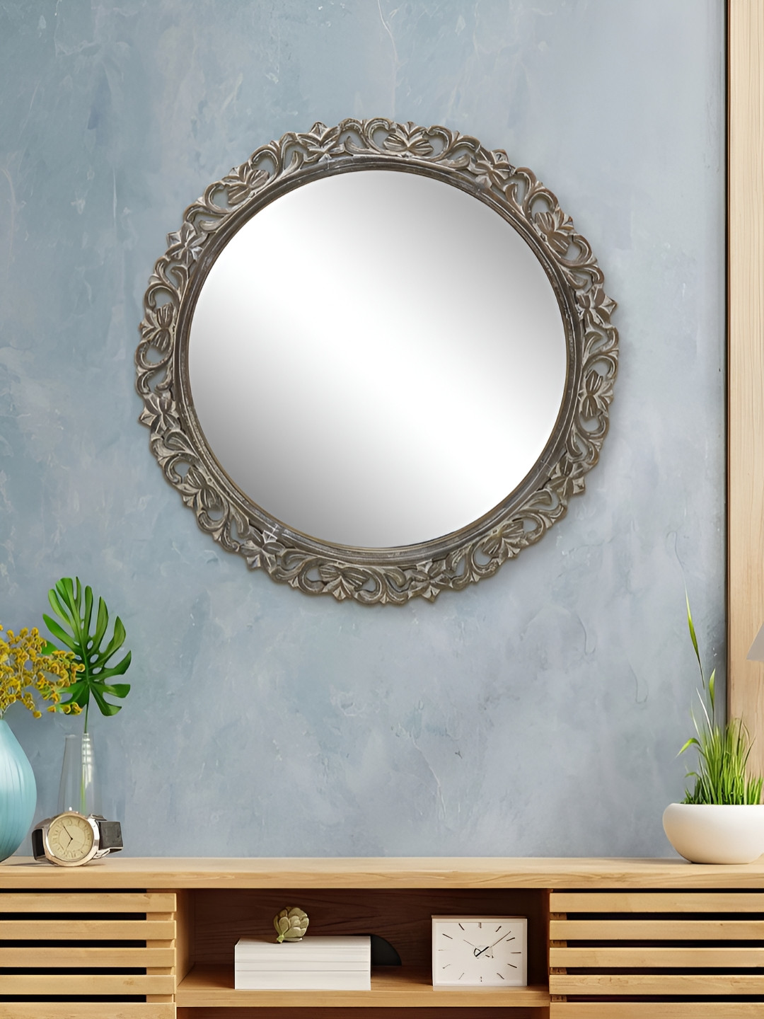 Metalsmith Beige Decorative Round Wooden Wall Mirror