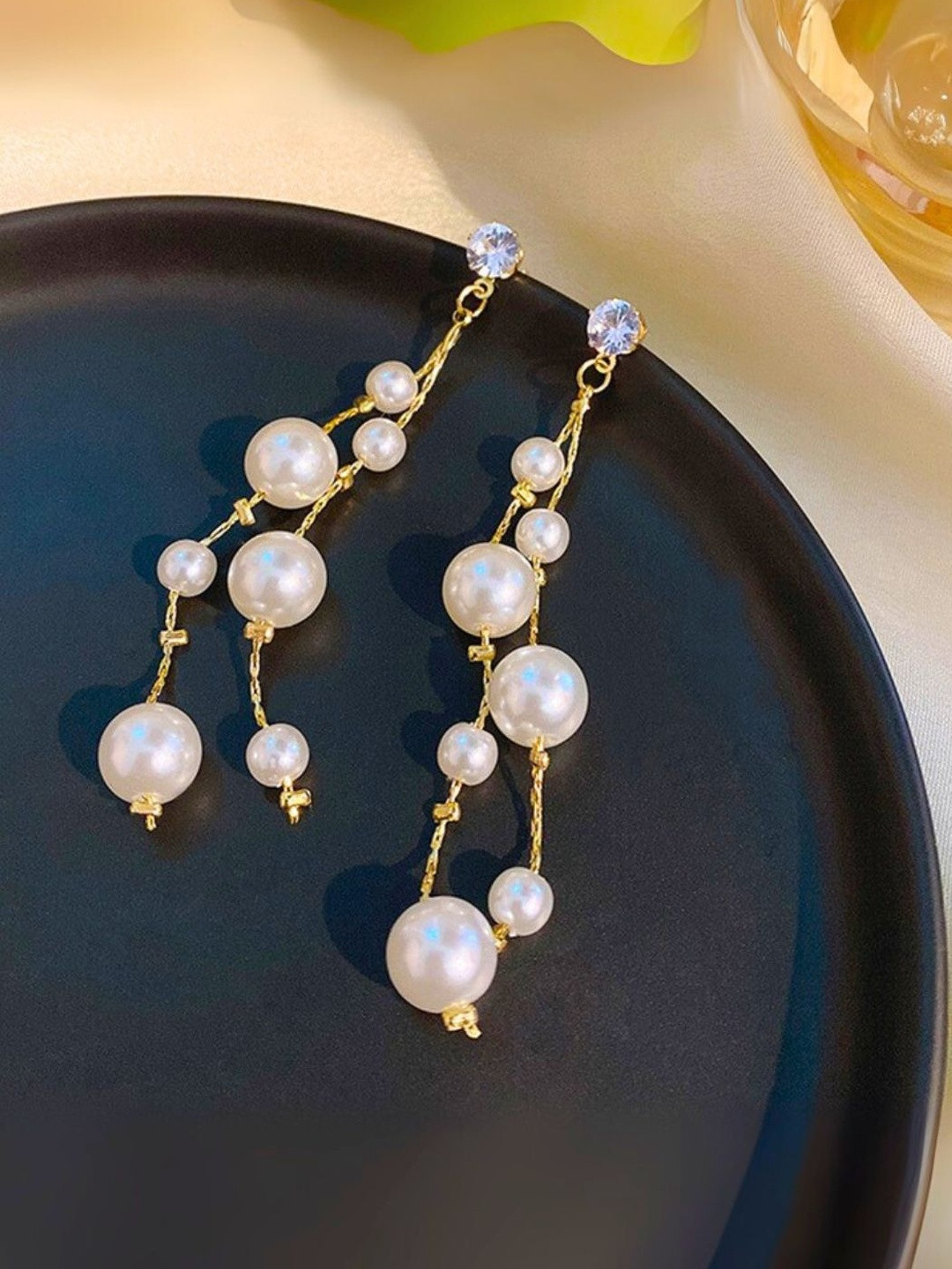 DressBerry Women White & Gold-Toned Pearl Drop Earrings