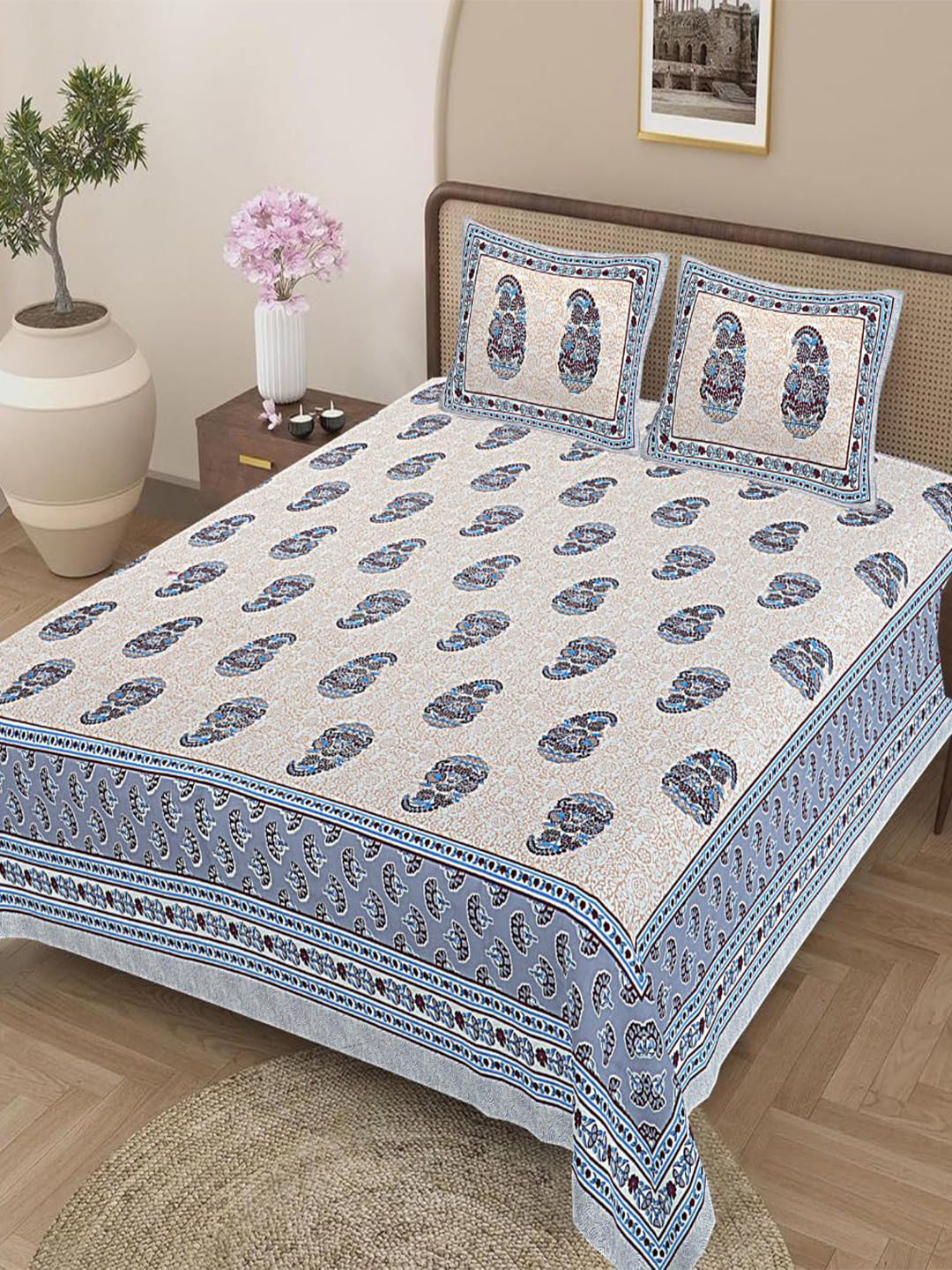 Jaipur Weaves Dusk And Dawn Blue Paisley Cotton 180 TC King Fine Bedsheet with 2 Pillow Covers-108 x 108 inches