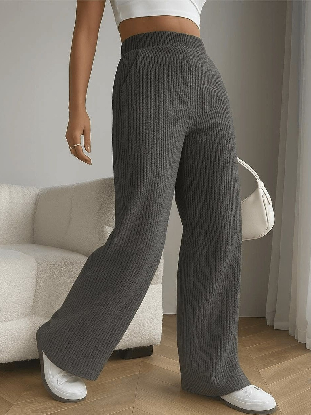 CORSICA Women Grey Relaxed Straight Leg Straight Fit Corduroy Pleated Trousers