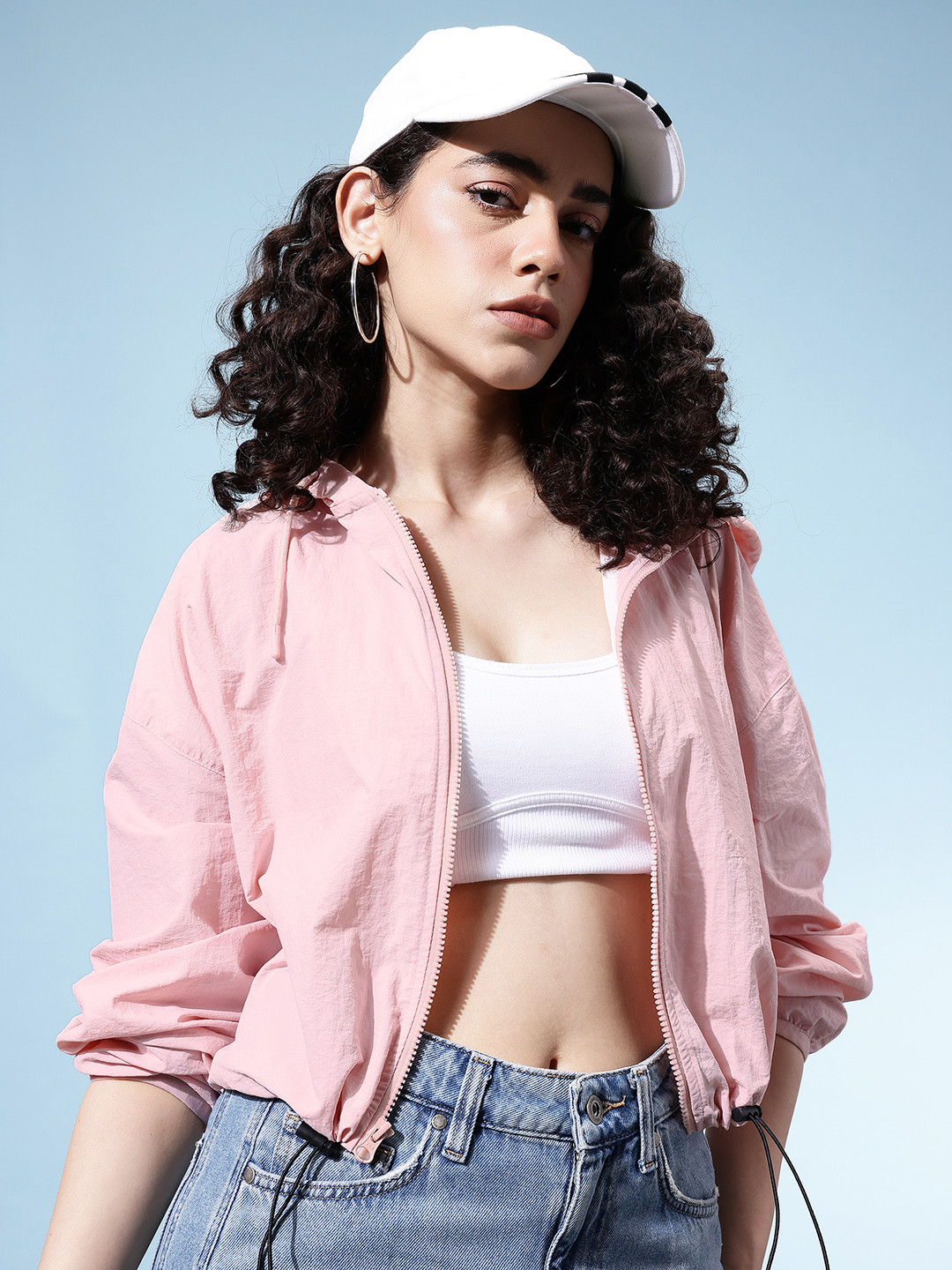 glitchez Drop-Shoulder Sleeves Hooded Crop Windcheater Jacket with Toggle Hem