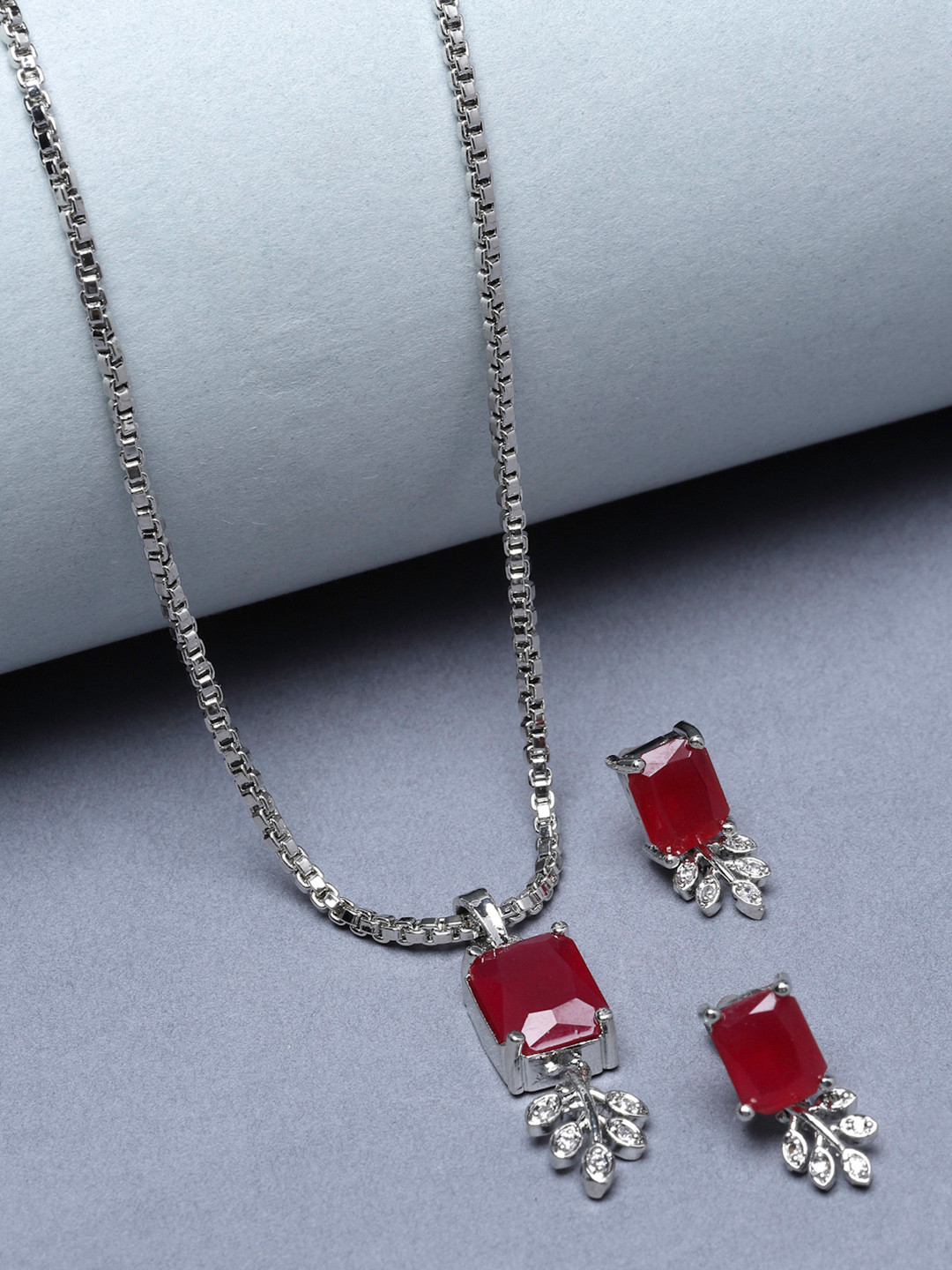 ZENEME Rhodium-Plated AD- Studded Square & Leaf Shaped Jewellery Set