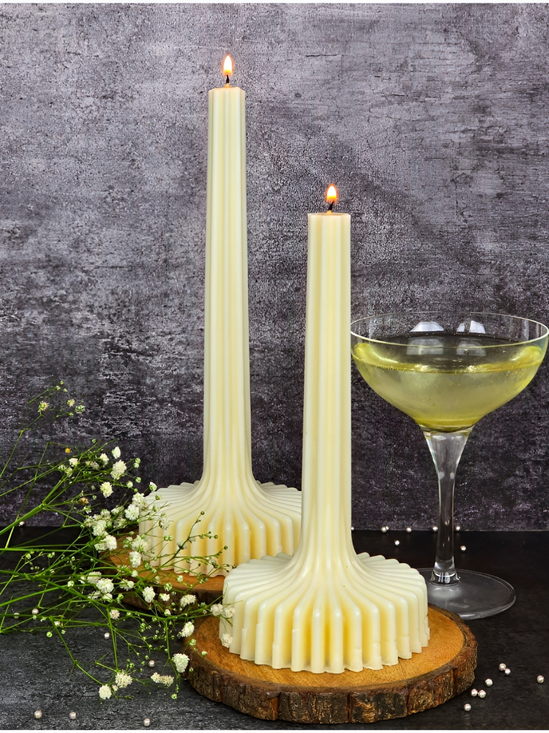 Mandy & Co Set of 2 Lead-Free Wick Scented Tall Ribbed Pillar Candles