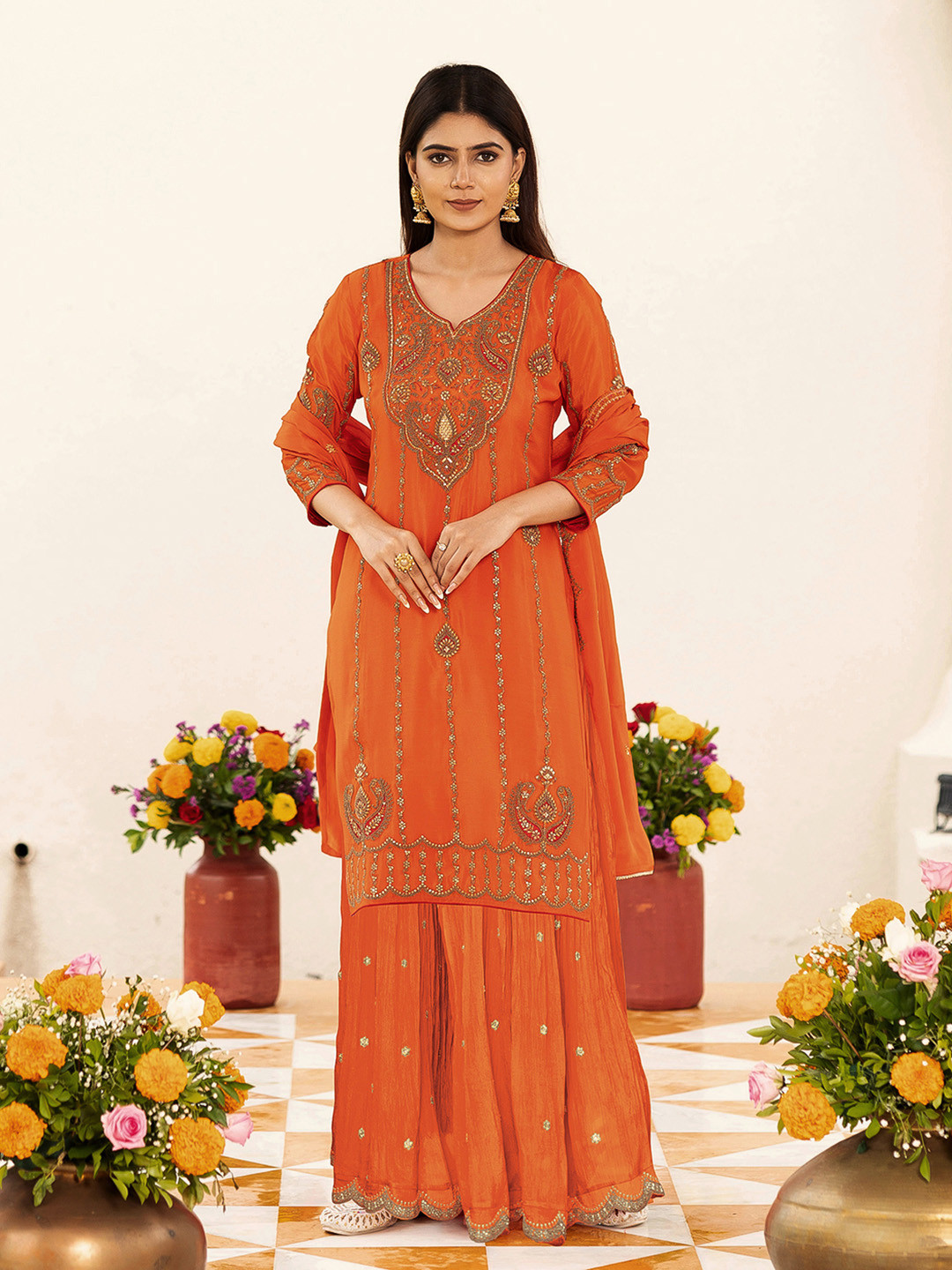 CHHAAP Floral Embroidered Sweetheart Neck Sequinned Kurta with Palazzos & Dupatta Set