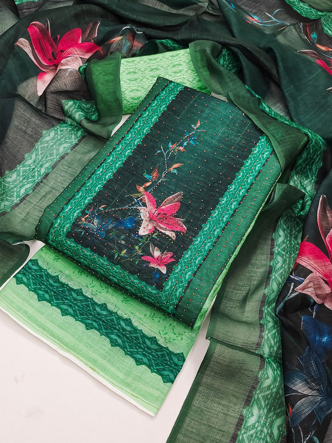 TAVAS Printed Linen Embellished Unstitched Dress Material