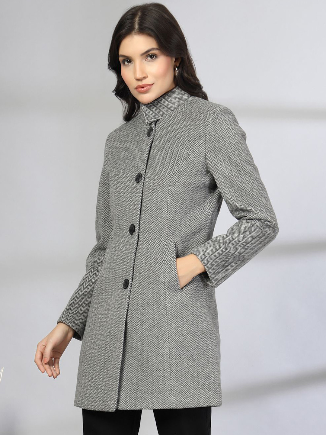Thirty Threads Women Mock Collared Single-Breasted Long Overcoat