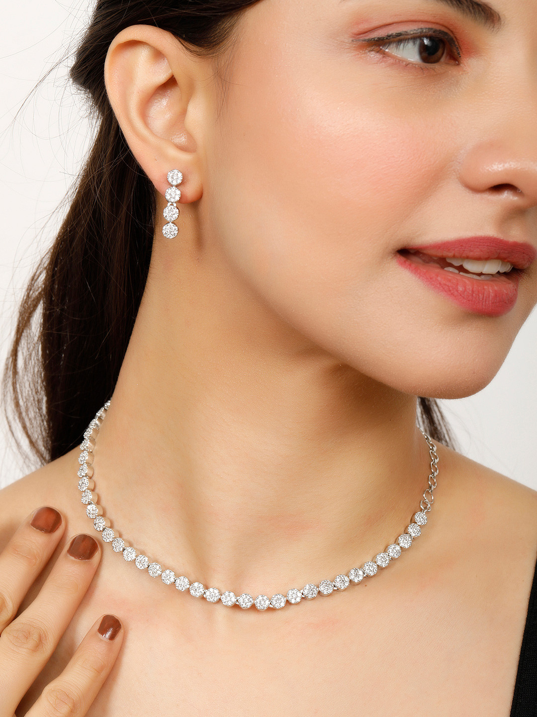 VIVAZS Rhodium-Plated White Cubic Zirconia Studded Tennis Necklace Jewellery Set